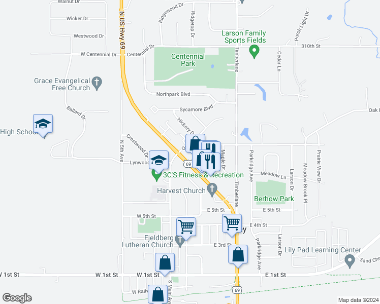map of restaurants, bars, coffee shops, grocery stores, and more near 614 U.S. 69 in Huxley