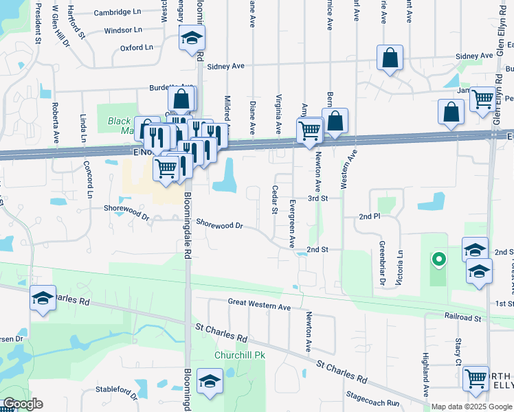 map of restaurants, bars, coffee shops, grocery stores, and more near 1168 Shorewood Court in Glendale Heights