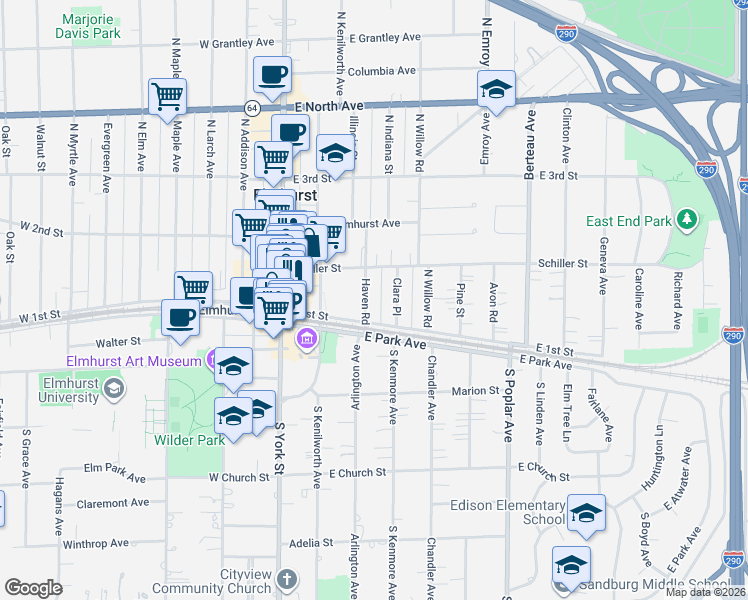 map of restaurants, bars, coffee shops, grocery stores, and more near 103 Haven Road in Elmhurst