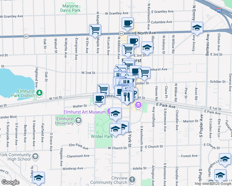 map of restaurants, bars, coffee shops, grocery stores, and more near 100 North Addison Avenue in Elmhurst