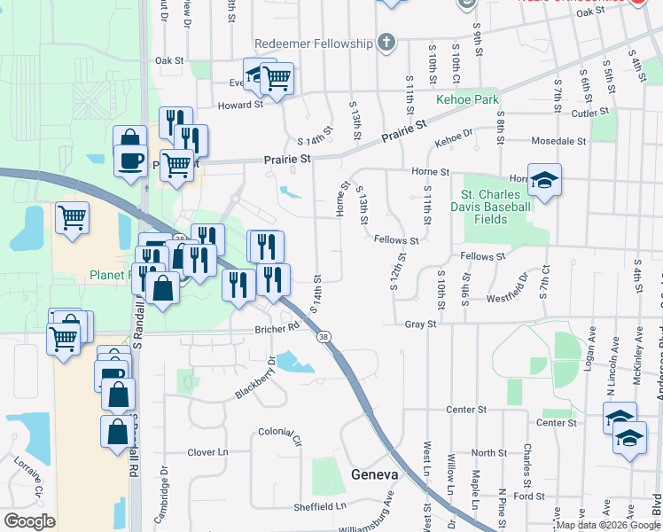 map of restaurants, bars, coffee shops, grocery stores, and more near 1500 South 14th Street in Sint Charles