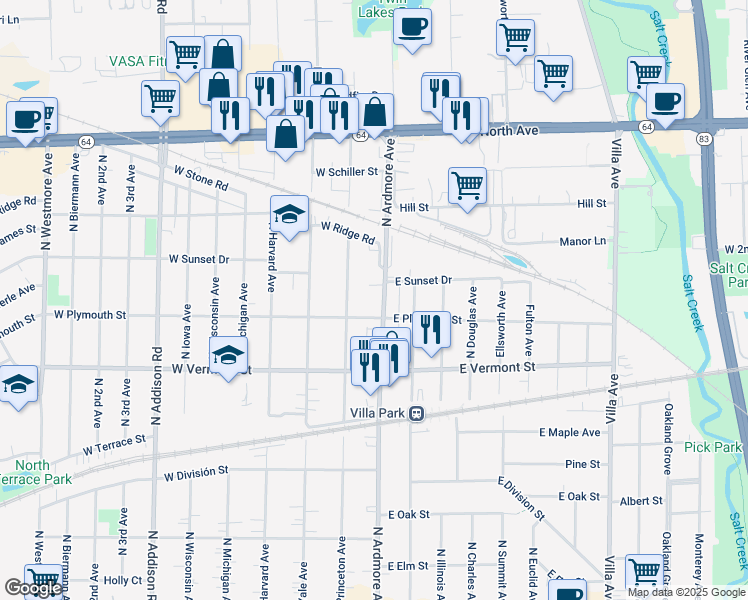 map of restaurants, bars, coffee shops, grocery stores, and more near 532 North Ardmore Avenue in Villa Park