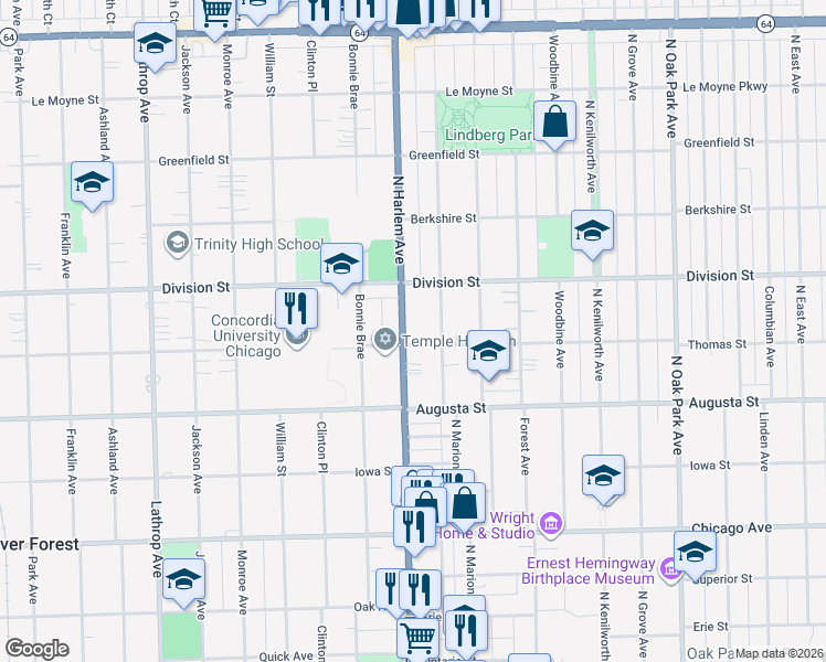 map of restaurants, bars, coffee shops, grocery stores, and more near 1047 Illinois 43 in Oak Park