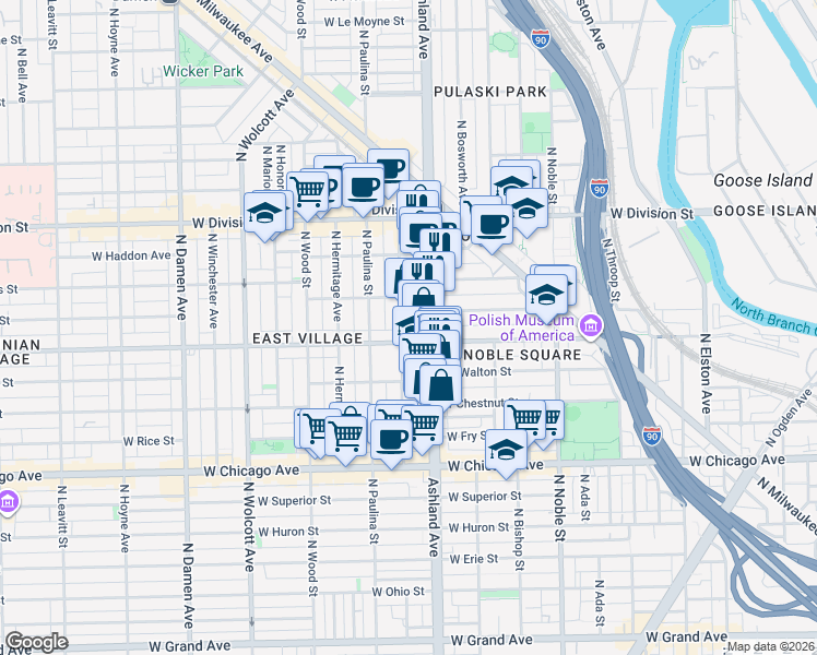 map of restaurants, bars, coffee shops, grocery stores, and more near 1013 North Marshfield Avenue in Chicago