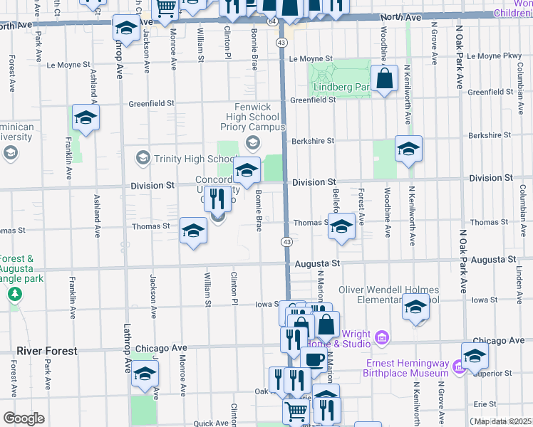 map of restaurants, bars, coffee shops, grocery stores, and more near 1039 Bonnie Brae in River Forest
