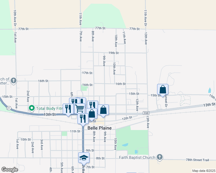 map of restaurants, bars, coffee shops, grocery stores, and more near 1509 9th Ave in Belle Plaine