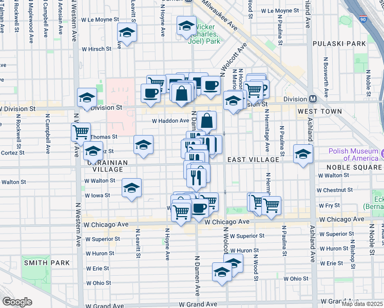 map of restaurants, bars, coffee shops, grocery stores, and more near 1018 North Damen Avenue in Chicago