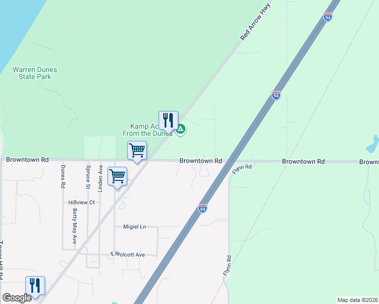 map of restaurants, bars, coffee shops, grocery stores, and more near 5857 Browntown Road in Sawyer