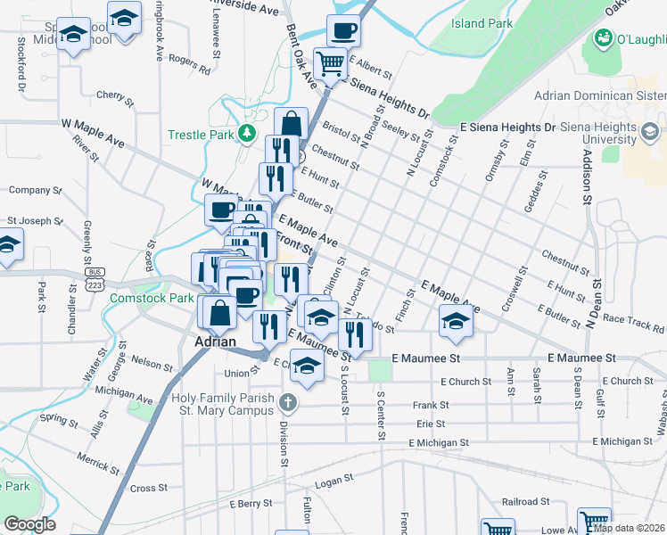 map of restaurants, bars, coffee shops, grocery stores, and more near 222 North Clinton Street in Adrian