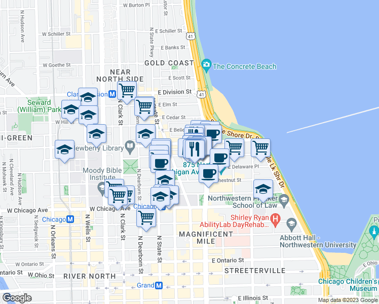 map of restaurants, bars, coffee shops, grocery stores, and more near 900 Michigan Avenue in Chicago