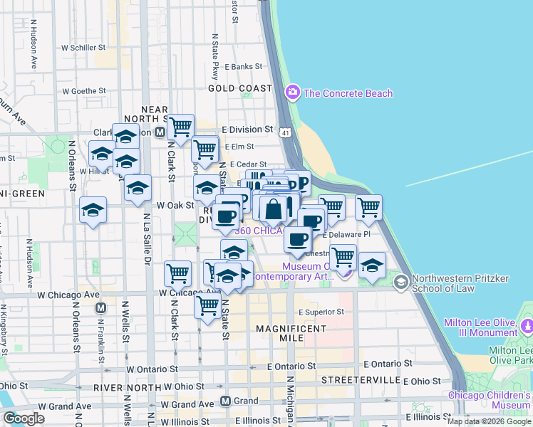 map of restaurants, bars, coffee shops, grocery stores, and more near 900 Michigan Avenue in Chicago
