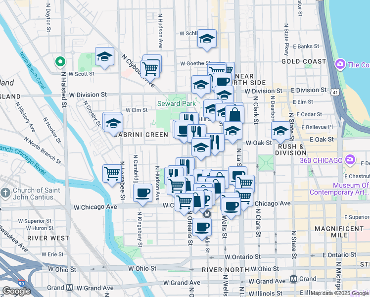 map of restaurants, bars, coffee shops, grocery stores, and more near 933 North Orleans Street in Chicago