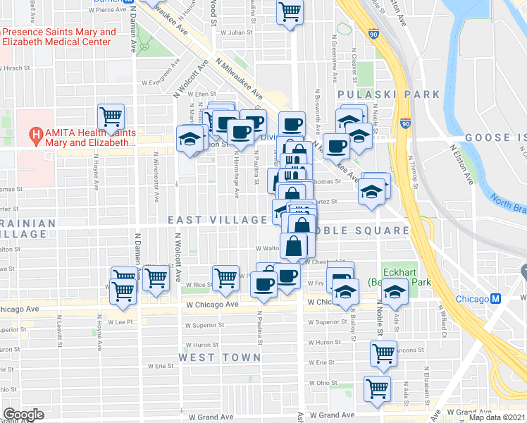 map of restaurants, bars, coffee shops, grocery stores, and more near 1638 West Augusta Boulevard in Chicago
