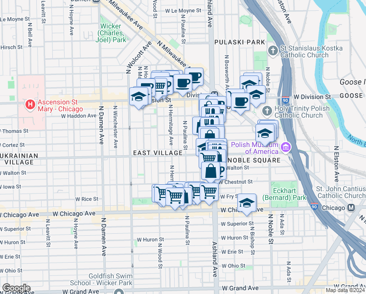 map of restaurants, bars, coffee shops, grocery stores, and more near 1719 West Augusta Boulevard in Chicago