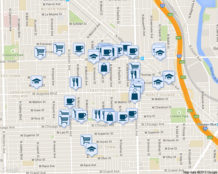 map of restaurants, bars, coffee shops, grocery stores, and more near in Chicago