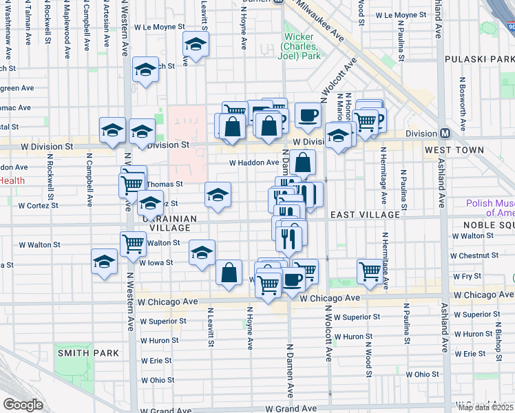 map of restaurants, bars, coffee shops, grocery stores, and more near 953 North Hoyne Avenue in Chicago
