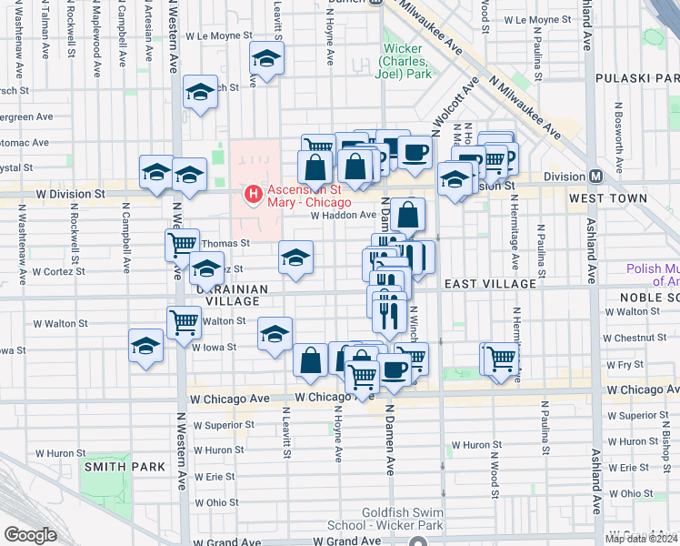 map of restaurants, bars, coffee shops, grocery stores, and more near 953 North Hoyne Avenue in Chicago