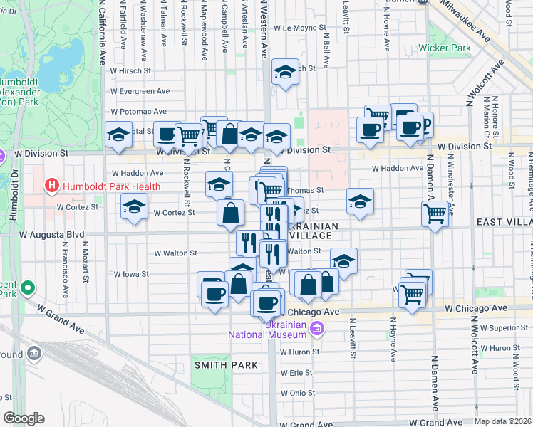 map of restaurants, bars, coffee shops, grocery stores, and more near in Chicago