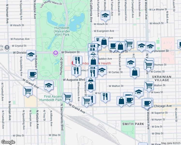 map of restaurants, bars, coffee shops, grocery stores, and more near in Chicago