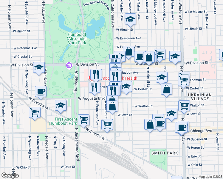 map of restaurants, bars, coffee shops, grocery stores, and more near in Chicago