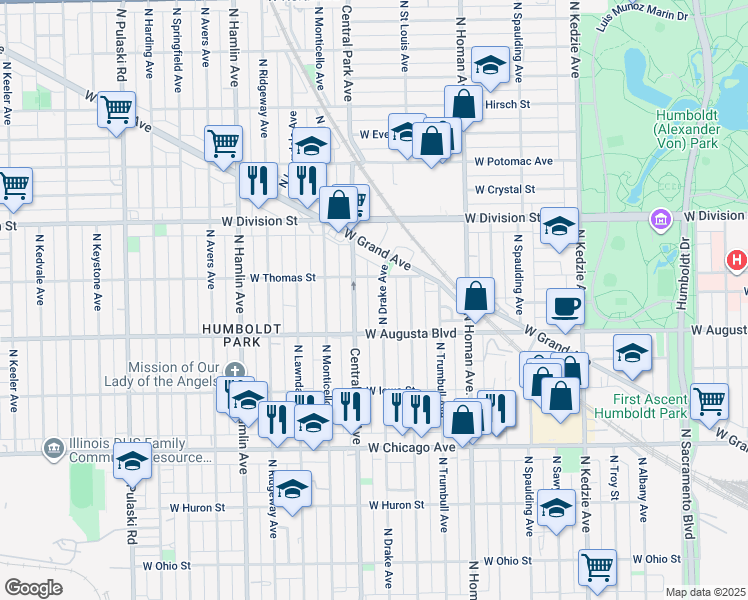 map of restaurants, bars, coffee shops, grocery stores, and more near 1008 North Drake Avenue in Chicago