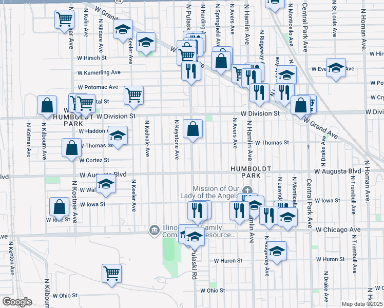 map of restaurants, bars, coffee shops, grocery stores, and more near 1015 North Pulaski Road in Chicago