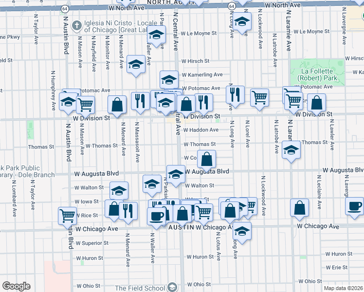 map of restaurants, bars, coffee shops, grocery stores, and more near 5526 West Cortez Street in Chicago