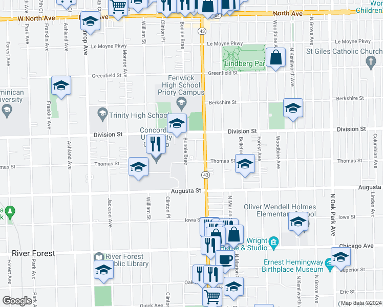 map of restaurants, bars, coffee shops, grocery stores, and more near 1039 Bonnie Brae in River Forest