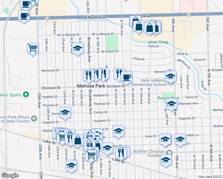 map of restaurants, bars, coffee shops, grocery stores, and more near 1318 North 16th Avenue in Melrose Park
