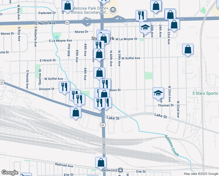 map of restaurants, bars, coffee shops, grocery stores, and more near 1547 North 40th Avenue in Stone Park