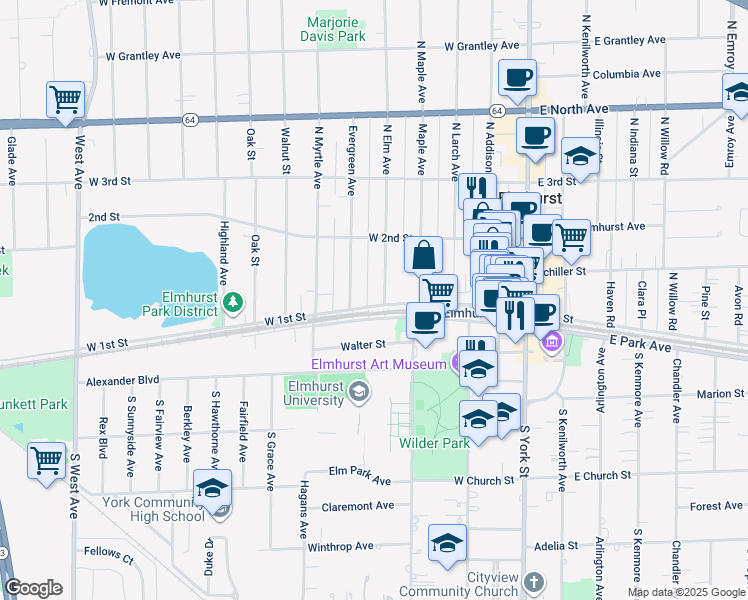 map of restaurants, bars, coffee shops, grocery stores, and more near 111 West Park Avenue in Elmhurst