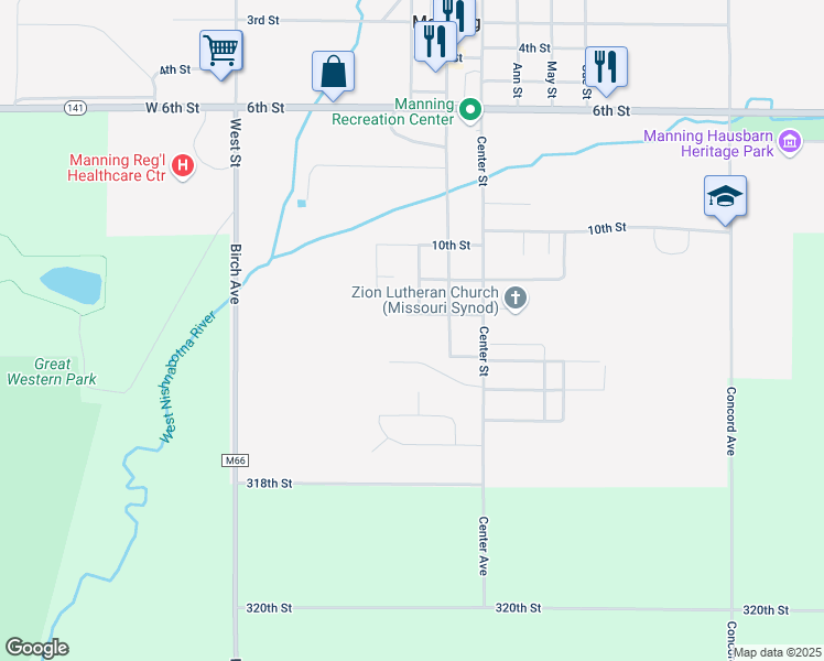map of restaurants, bars, coffee shops, grocery stores, and more near 1000 Pleasant Drive in Manning