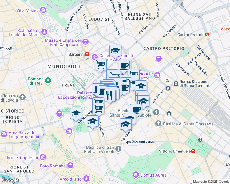 map of restaurants, bars, coffee shops, grocery stores, and more near 16 Via Genova in Roma