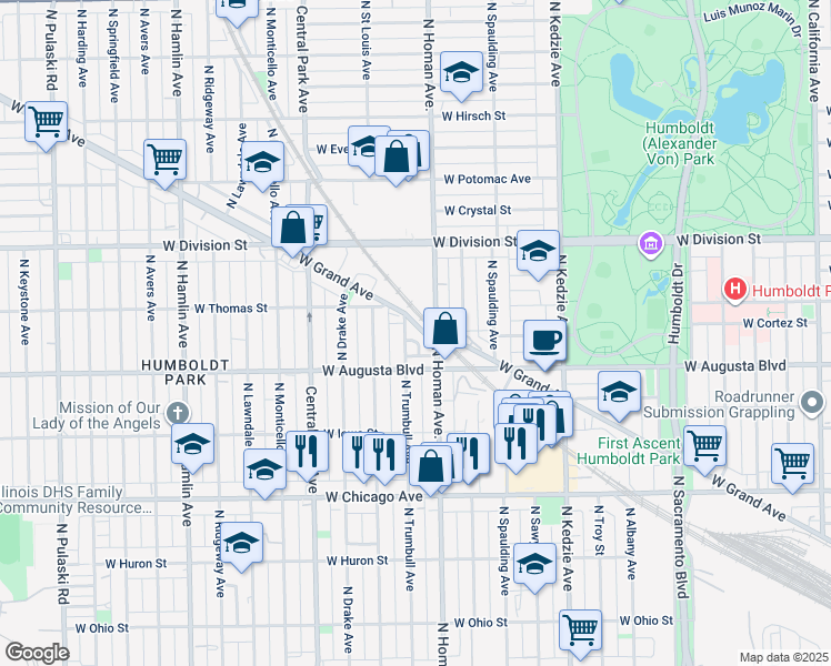 map of restaurants, bars, coffee shops, grocery stores, and more near 3439 West Grand Avenue in Chicago