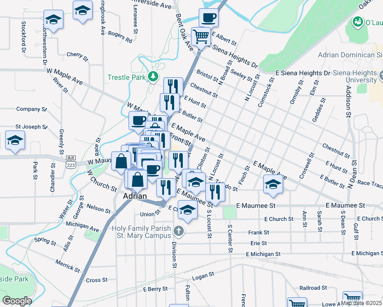 map of restaurants, bars, coffee shops, grocery stores, and more near 228 North Broad Street in Adrian