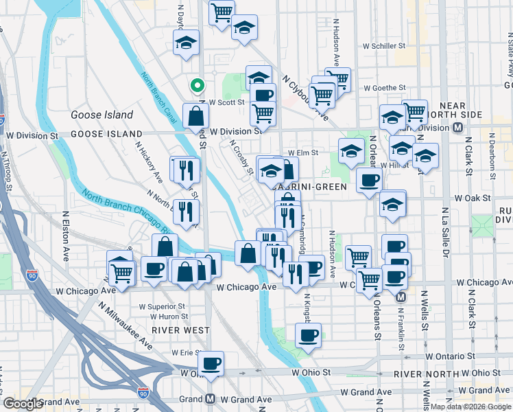 map of restaurants, bars, coffee shops, grocery stores, and more near in Chicago