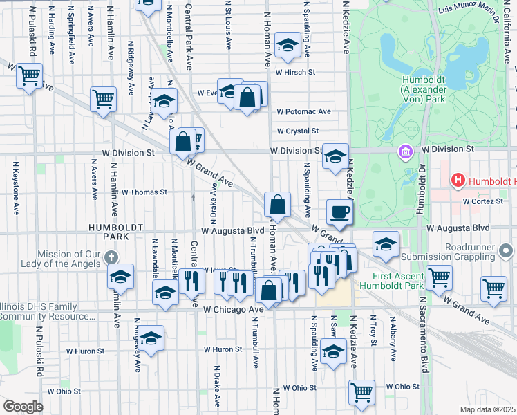 map of restaurants, bars, coffee shops, grocery stores, and more near 3439 West Grand Avenue in Chicago