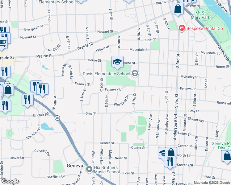 map of restaurants, bars, coffee shops, grocery stores, and more near 1416 South 8th Street in St. Charles