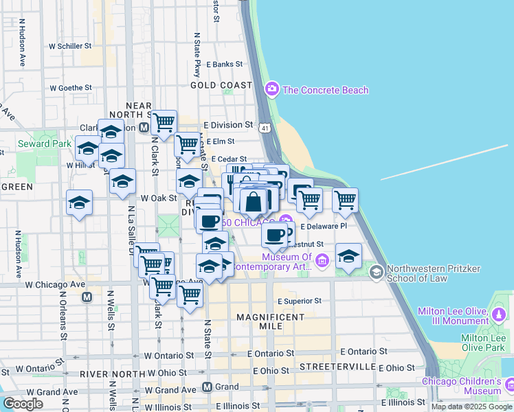 map of restaurants, bars, coffee shops, grocery stores, and more near 900 Michigan Avenue in Chicago