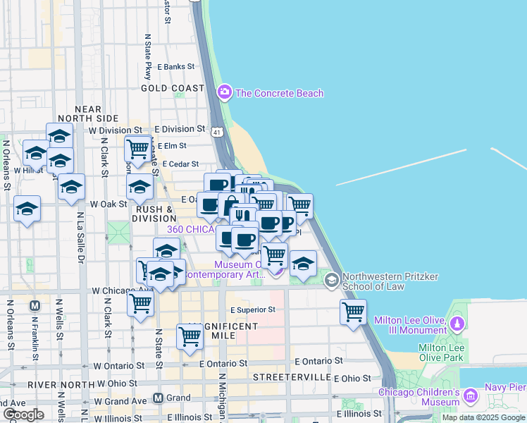 map of restaurants, bars, coffee shops, grocery stores, and more near 55 East Delaware Place in Chicago