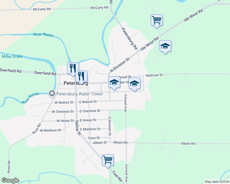 map of restaurants, bars, coffee shops, grocery stores, and more near 232 East Elm Street in Petersburg