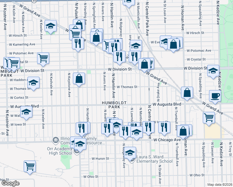 map of restaurants, bars, coffee shops, grocery stores, and more near in Chicago