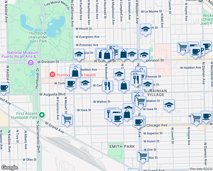 map of restaurants, bars, coffee shops, grocery stores, and more near W Cortez St & N Rockwell St in Chicago