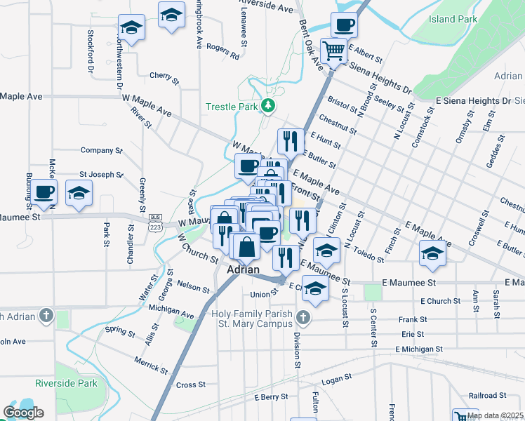 map of restaurants, bars, coffee shops, grocery stores, and more near 149 North Main Street in Adrian