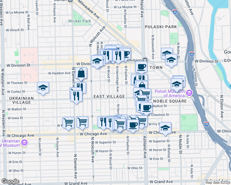map of restaurants, bars, coffee shops, grocery stores, and more near in Chicago