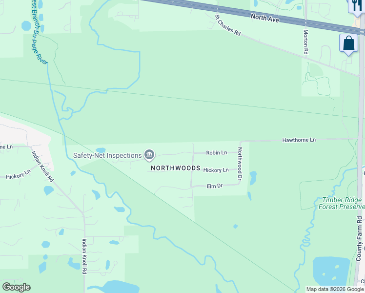 map of restaurants, bars, coffee shops, grocery stores, and more near 28W070 Robin Lane in DuPage County