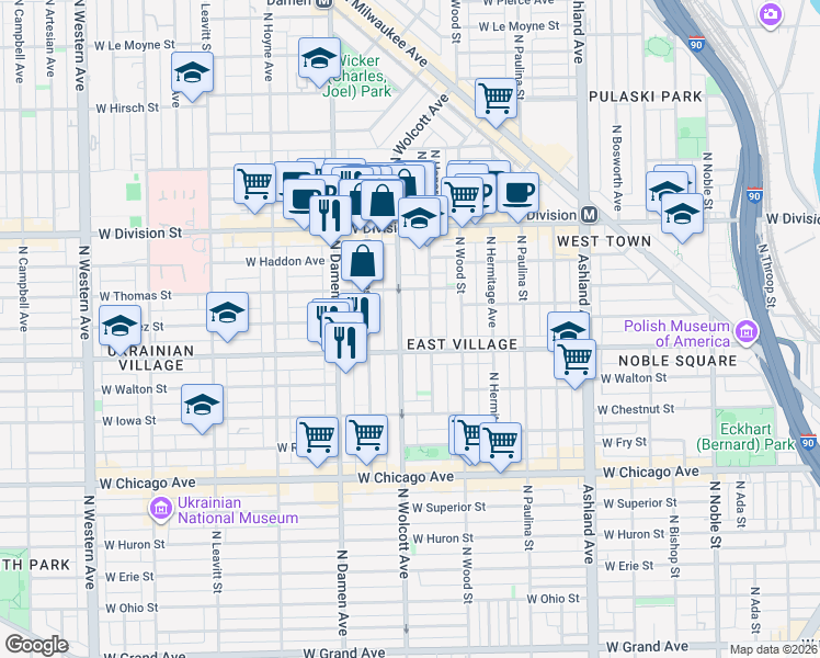map of restaurants, bars, coffee shops, grocery stores, and more near 1048 North Wolcott Avenue in Chicago