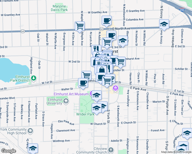 map of restaurants, bars, coffee shops, grocery stores, and more near 100 North Addison Avenue in Elmhurst