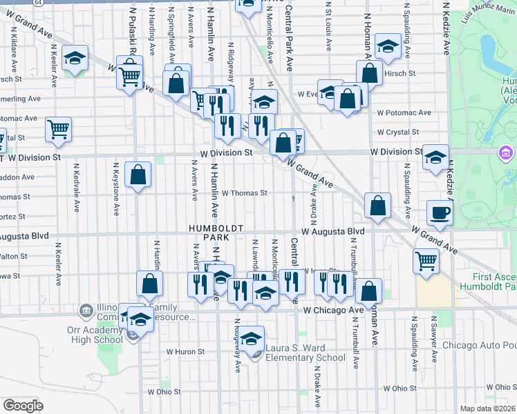 map of restaurants, bars, coffee shops, grocery stores, and more near 3656 West Thomas Street in Chicago