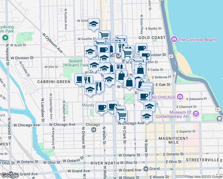 map of restaurants, bars, coffee shops, grocery stores, and more near 942 North LaSalle Drive in Chicago